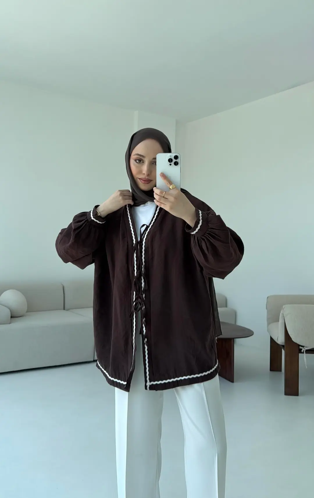 Bağlamalı Dantel Detay Kimono Kahve - Görsel 8