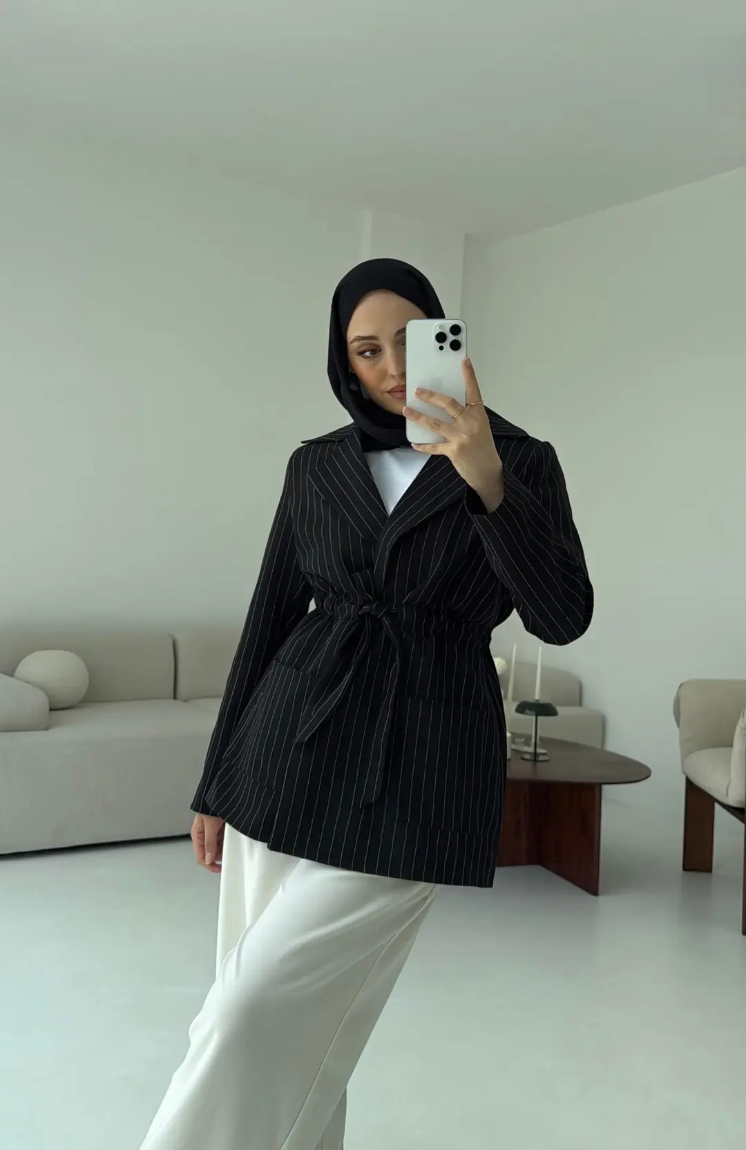 Bağlamalı Siyah Çizgili Blazer Ceket - Görsel 2