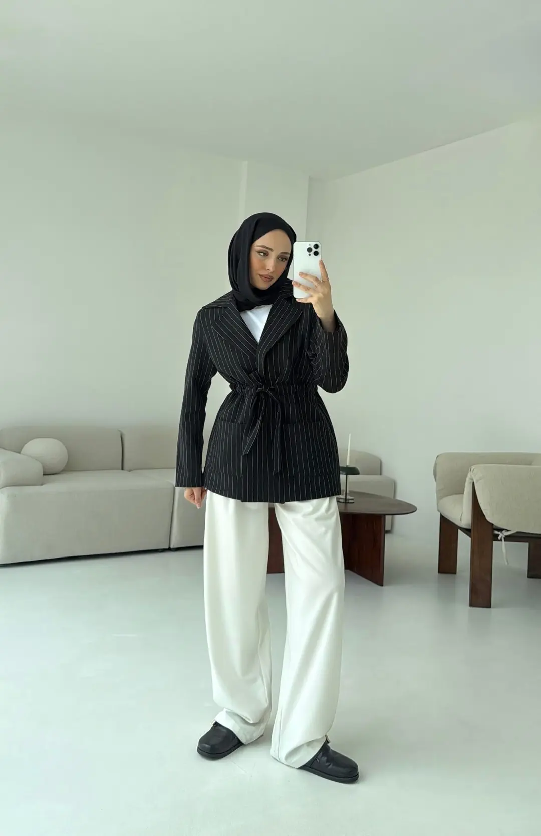 Bağlamalı Siyah Çizgili Blazer Ceket - Görsel 3