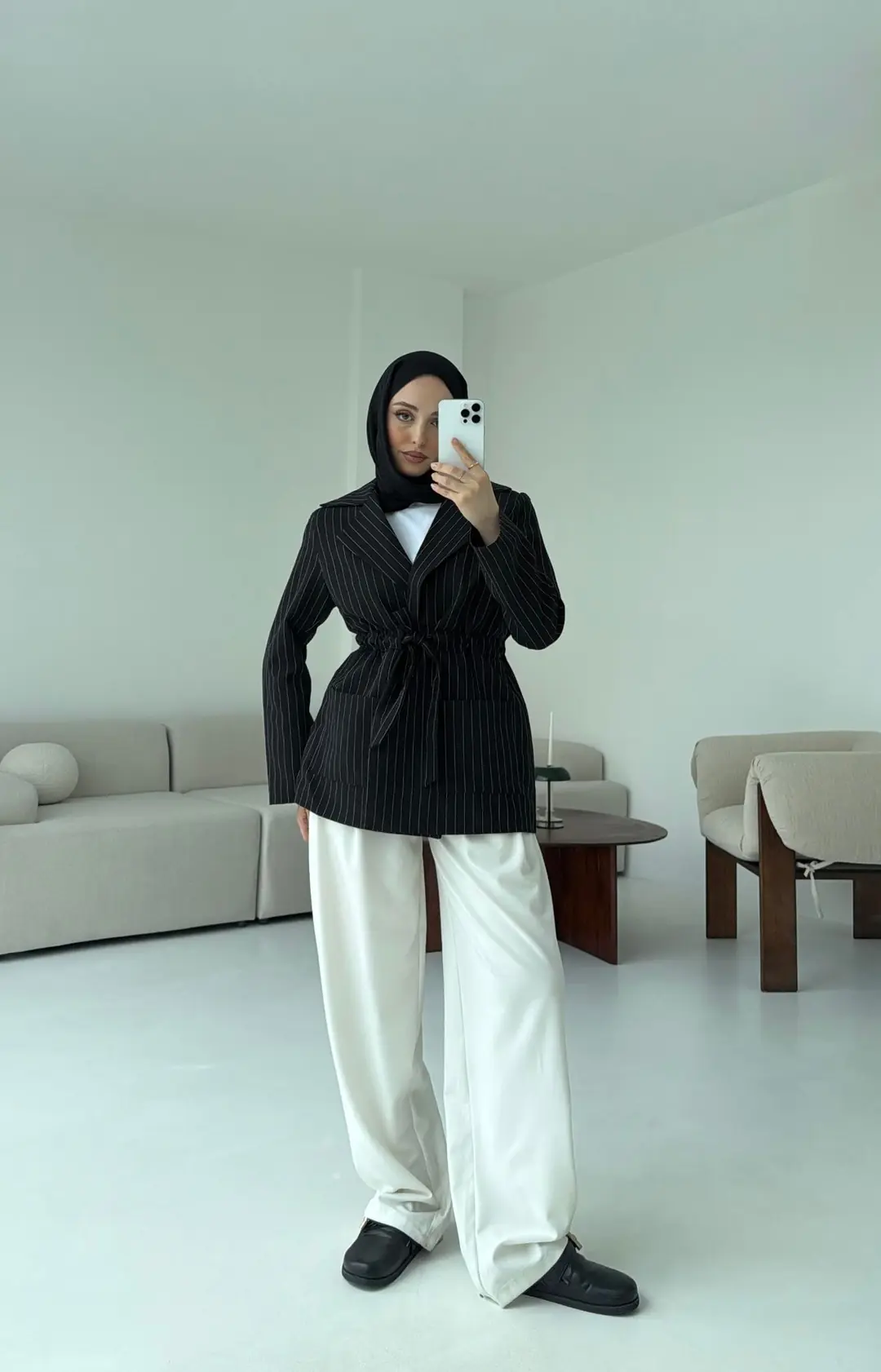 Bağlamalı Siyah Çizgili Blazer Ceket - Görsel 4