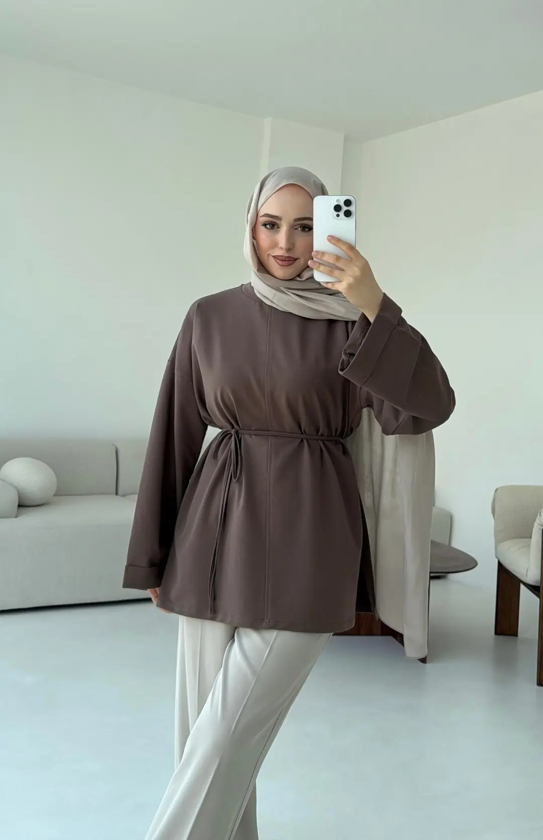 Bağlamalı Yanı Yırtmaç Detay Sweat Acık Kahve - Görsel 10