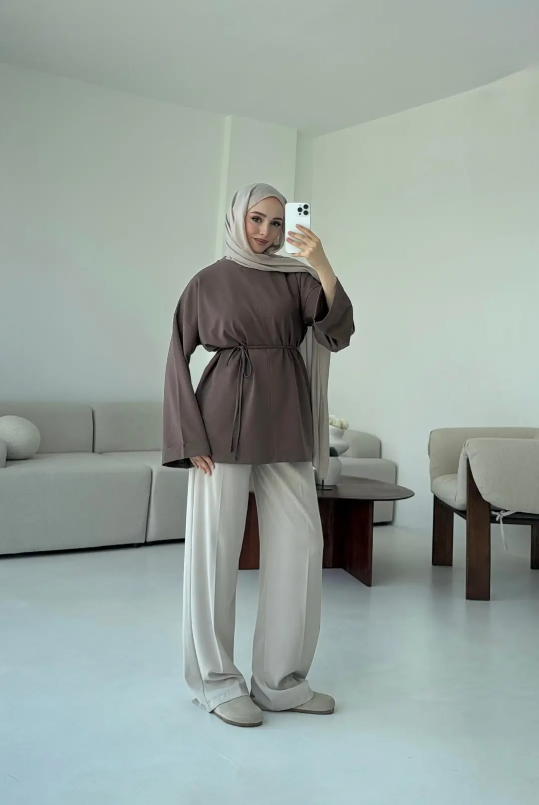 Bağlamalı Yanı Yırtmaç Detay Sweat Acık Kahve - Görsel 6