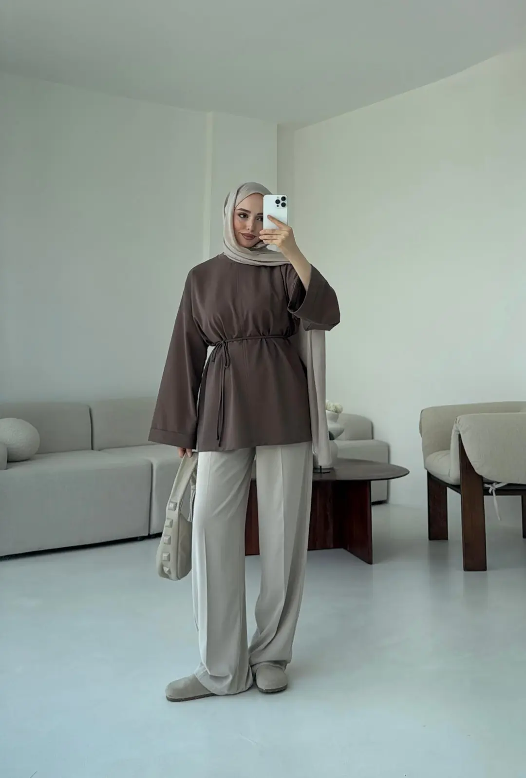 Bağlamalı Yanı Yırtmaç Detay Sweat Acık Kahve - Görsel 9