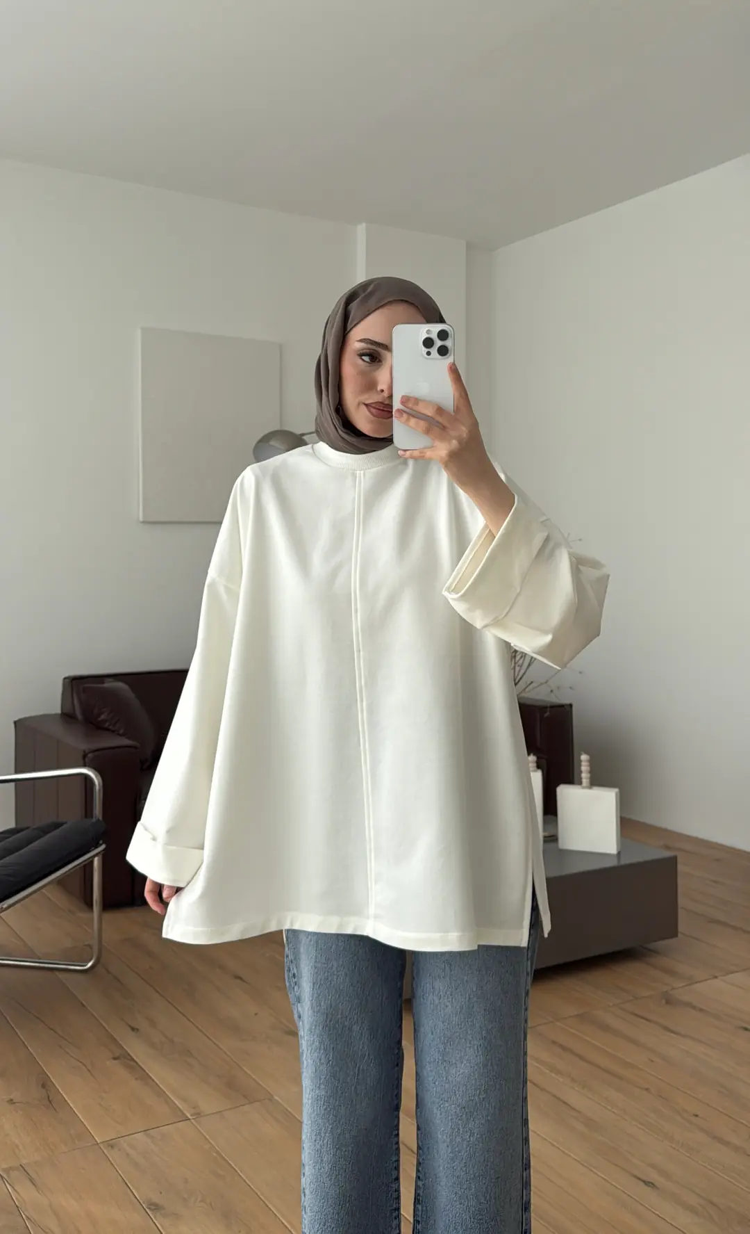 Bağlamalı Yanı Yırtmaç Detay Sweat Ekru - Görsel 3