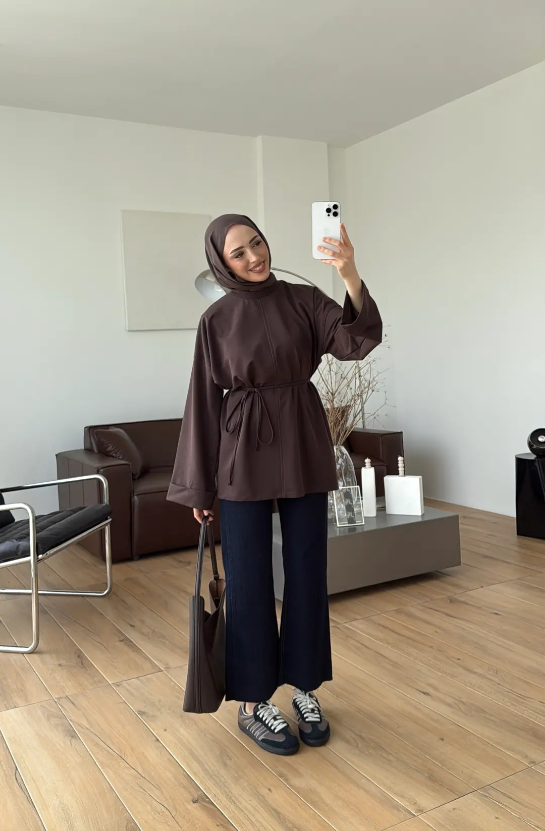 Bağlamalı Yanı Yırtmaç Detay Sweat Kahve - Görsel 5