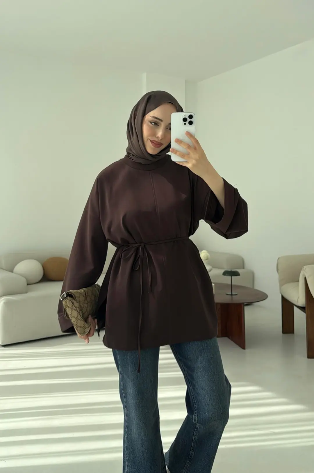 Bağlamalı Yanı Yırtmaç Detay Sweat Kahve - Görsel 2