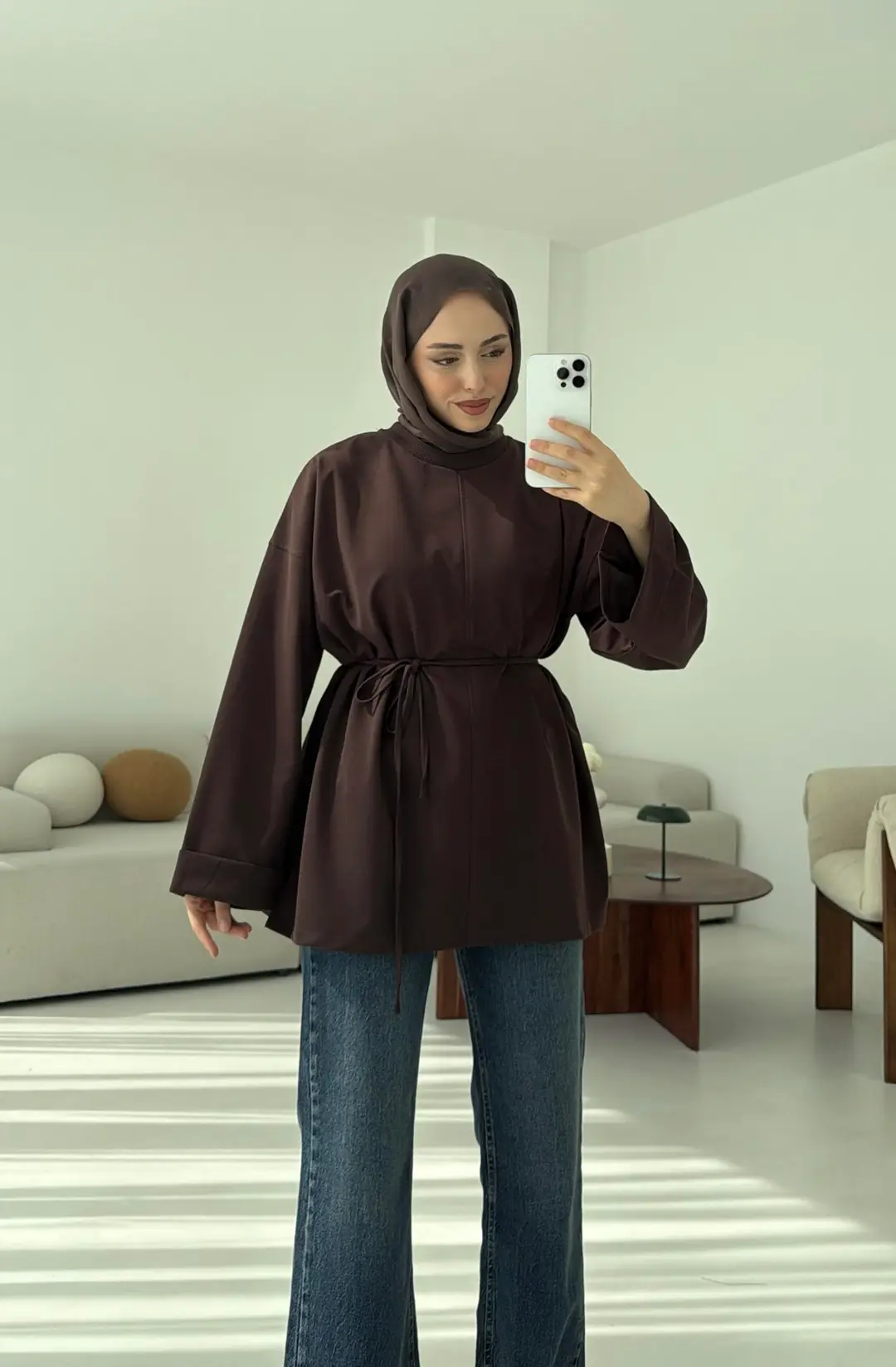 Bağlamalı Yanı Yırtmaç Detay Sweat Kahve - Görsel 7