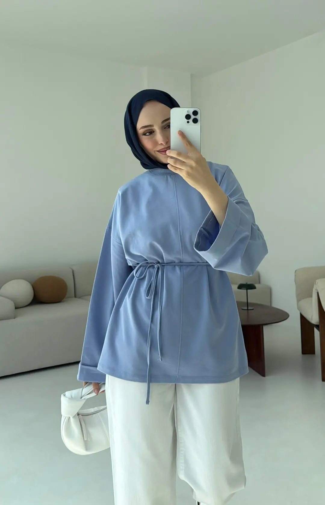 Bağlamalı Yanı Yırtmaç Detay Sweat Mavi