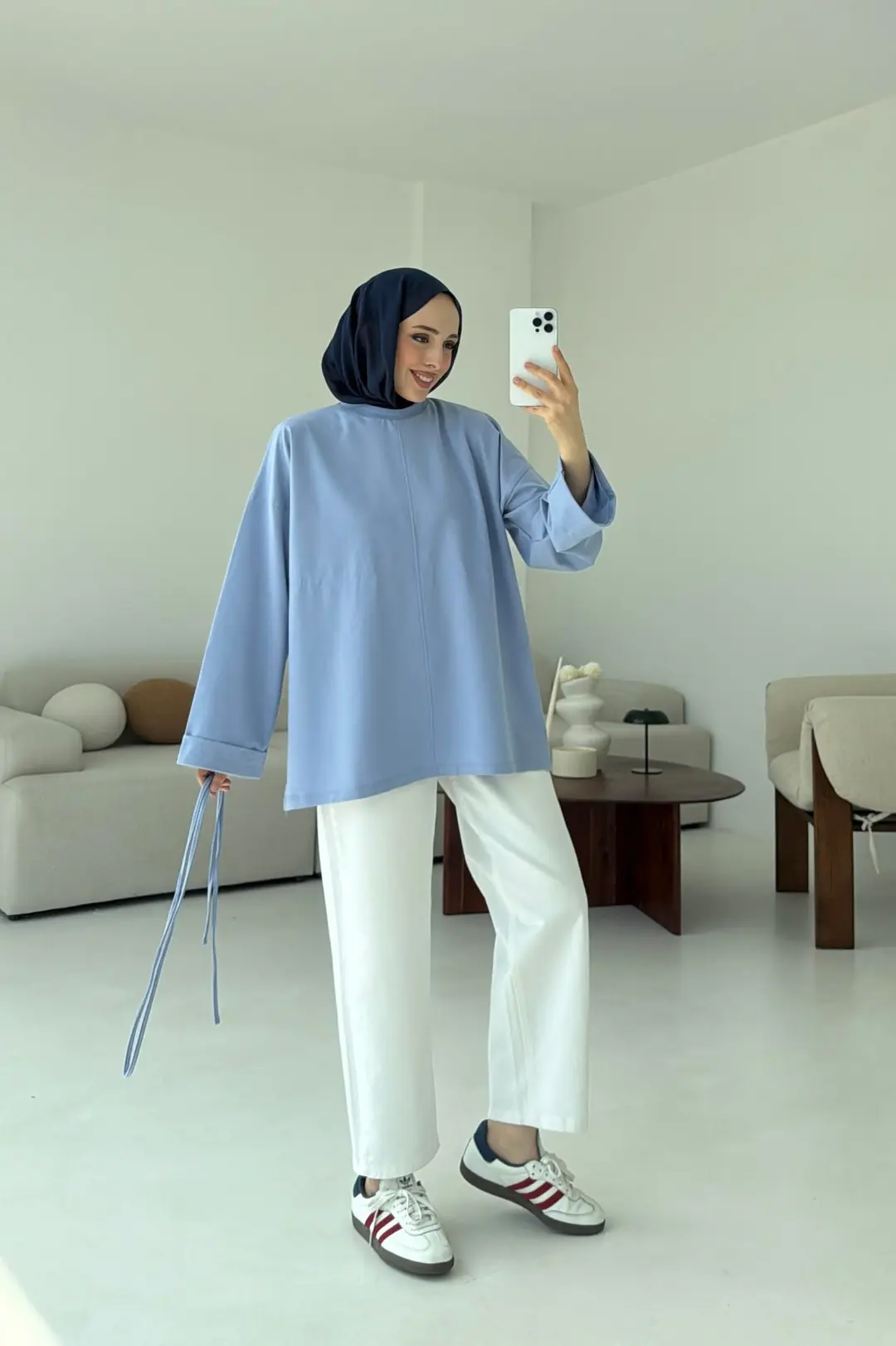 Bağlamalı Yanı Yırtmaç Detay Sweat Mavi - Görsel 6