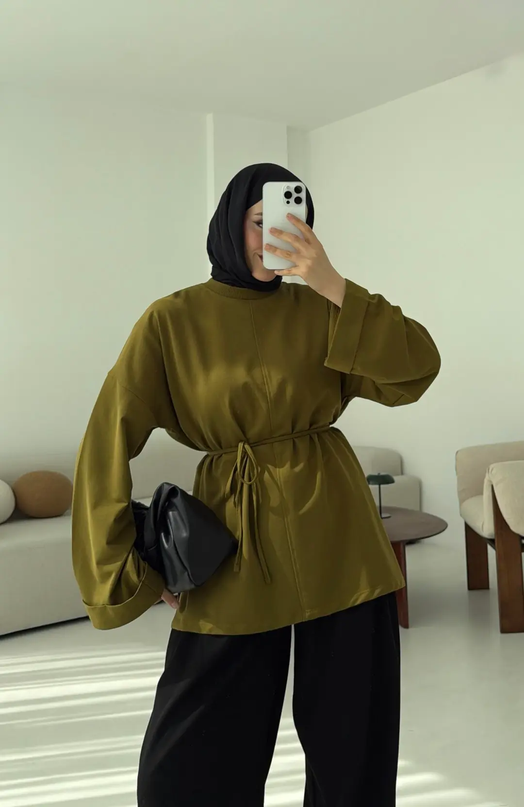 Bağlamalı Yanı Yırtmaç Detay Sweat Olive - Görsel 6