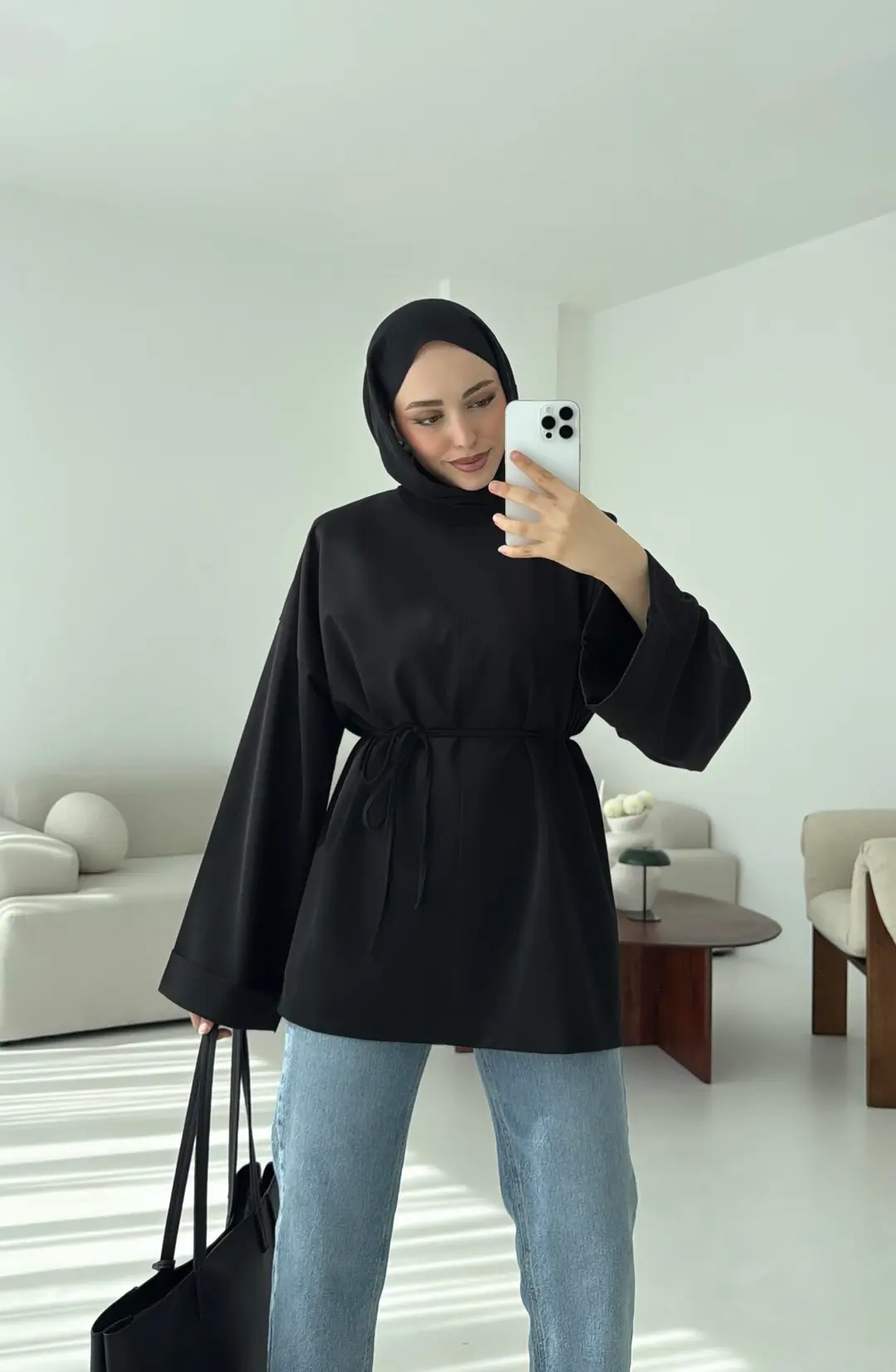 Bağlamalı Yanı Yırtmaç Detay Sweat Siyah - Görsel 4