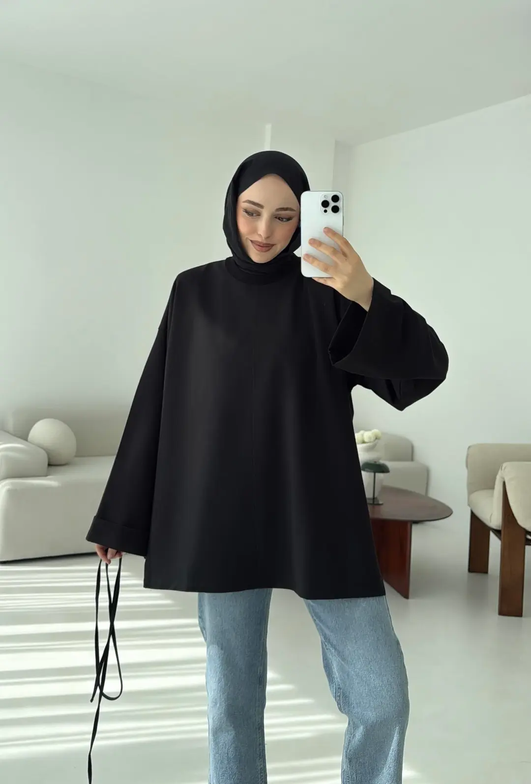 Bağlamalı Yanı Yırtmaç Detay Sweat Siyah - Görsel 6