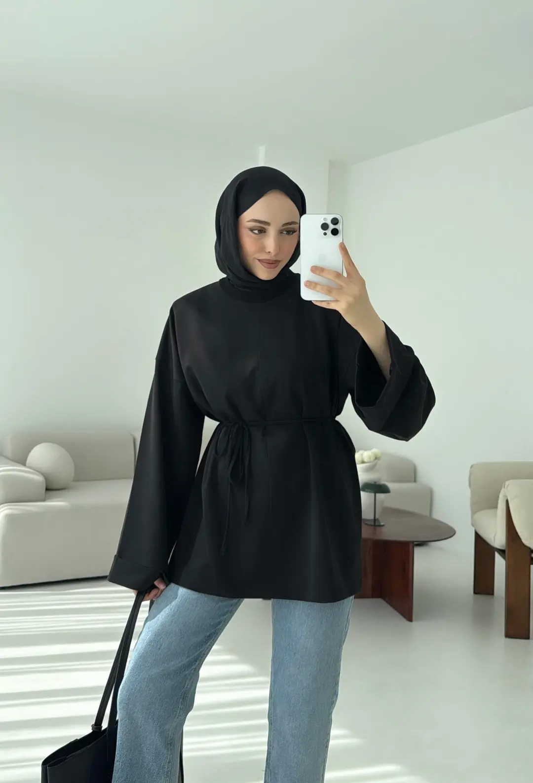 Bağlamalı Yanı Yırtmaç Detay Sweat Siyah - Görsel 7