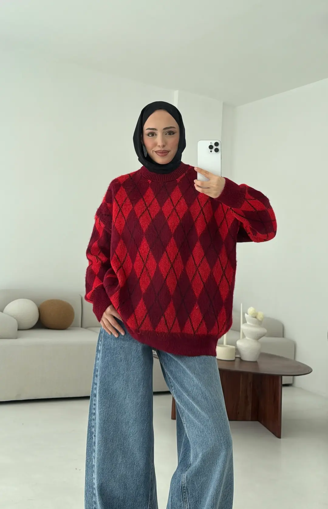 Baklava Desen Şardonlu Kazak Bordo - Görsel 10