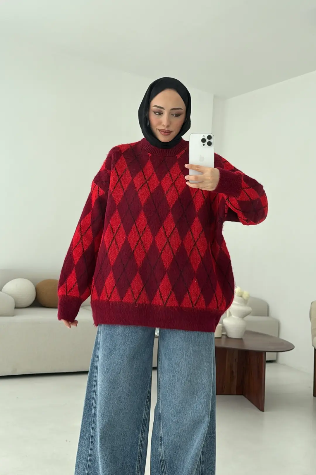 Baklava Desen Şardonlu Kazak Bordo - Görsel 2