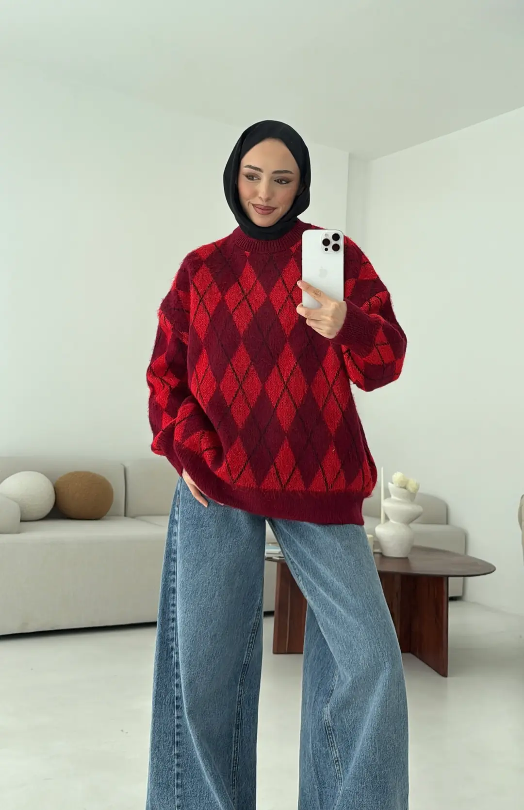 Baklava Desen Şardonlu Kazak Bordo - Görsel 4