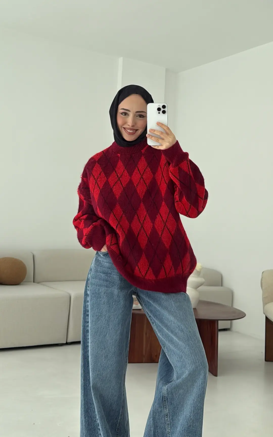 Baklava Desen Şardonlu Kazak Bordo - Görsel 6