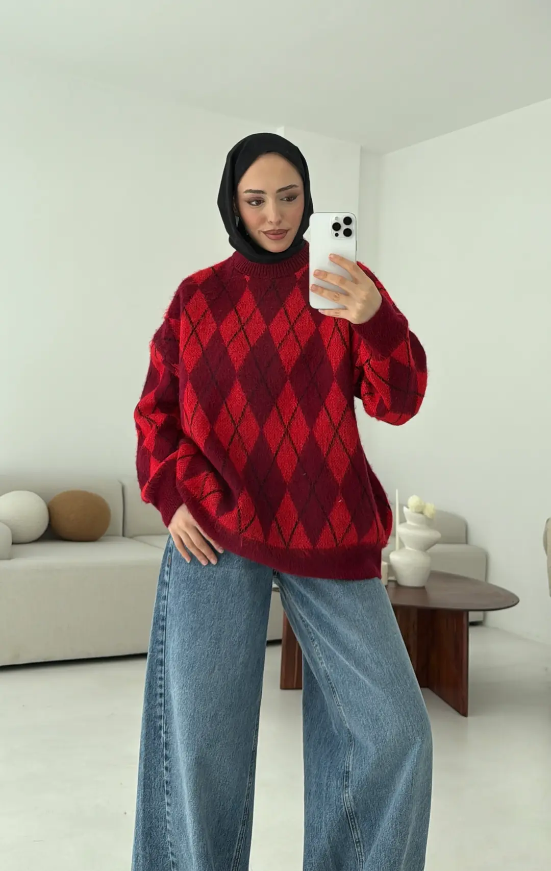 Baklava Desen Şardonlu Kazak Bordo - Görsel 7