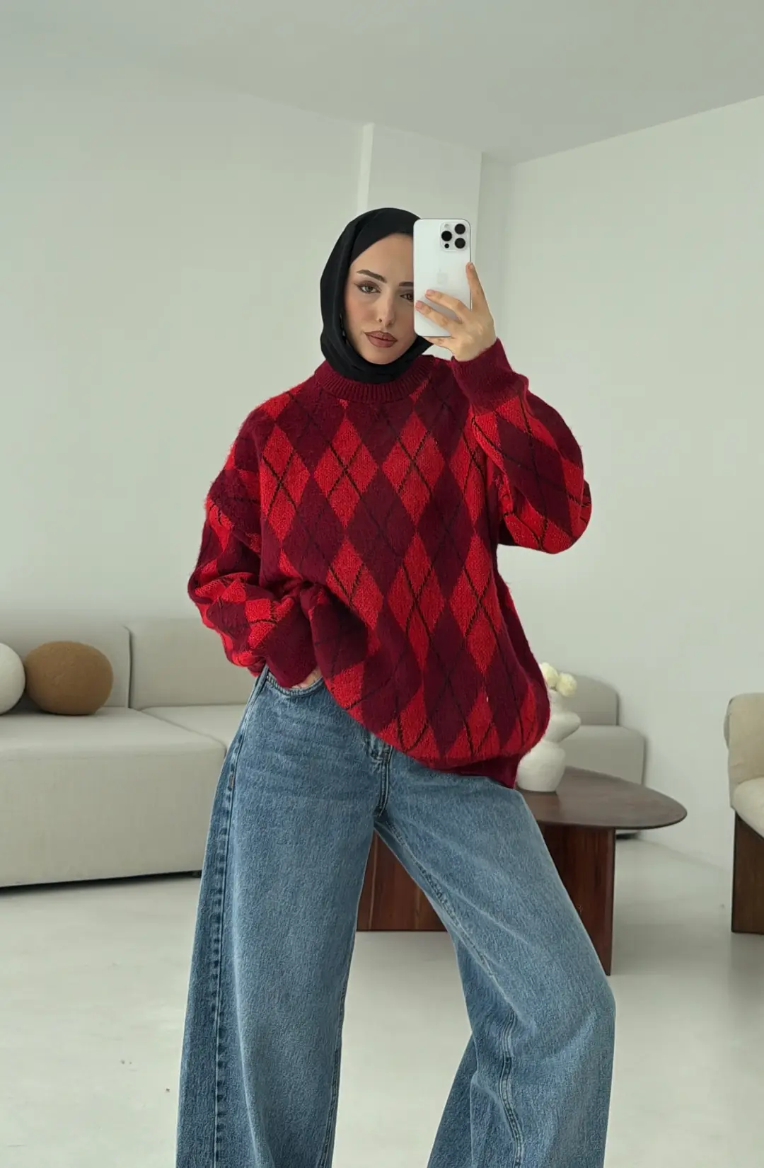 Baklava Desen Şardonlu Kazak Bordo - Görsel 8