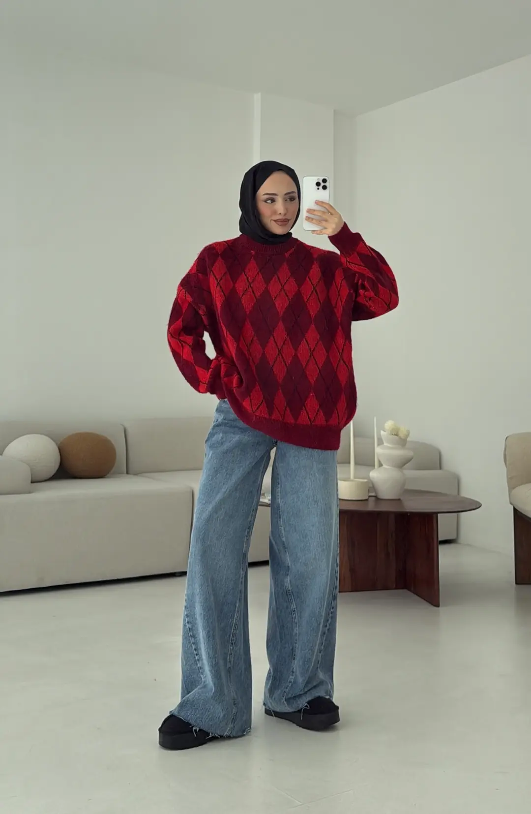 Baklava Desen Şardonlu Kazak Bordo - Görsel 9