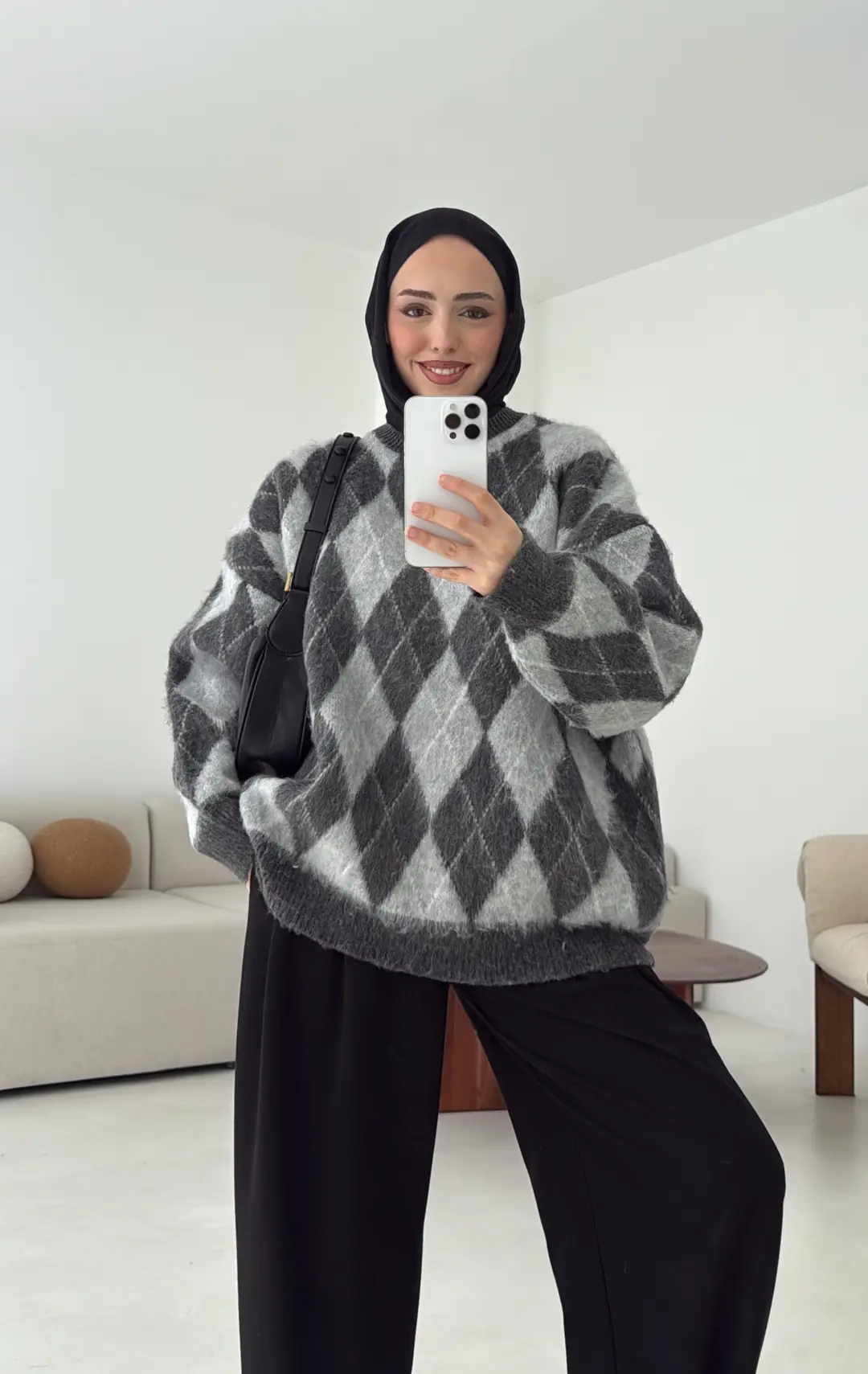 Baklava Desen Şardonlu Kazak Gri - Görsel 7