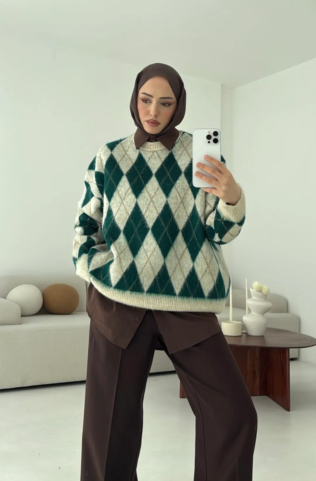 Baklava Desen Şardonlu Kazak Yeşil