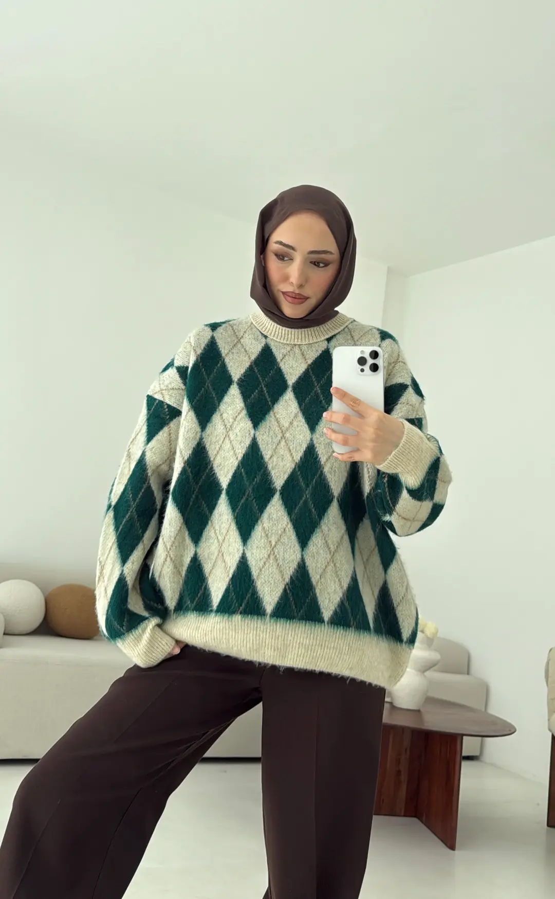 Baklava Desen Şardonlu Kazak Yeşil - Görsel 2