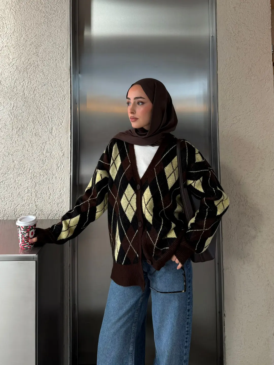 Baklava Jakarlı Hırka Kahve/Sarı - Görsel 7