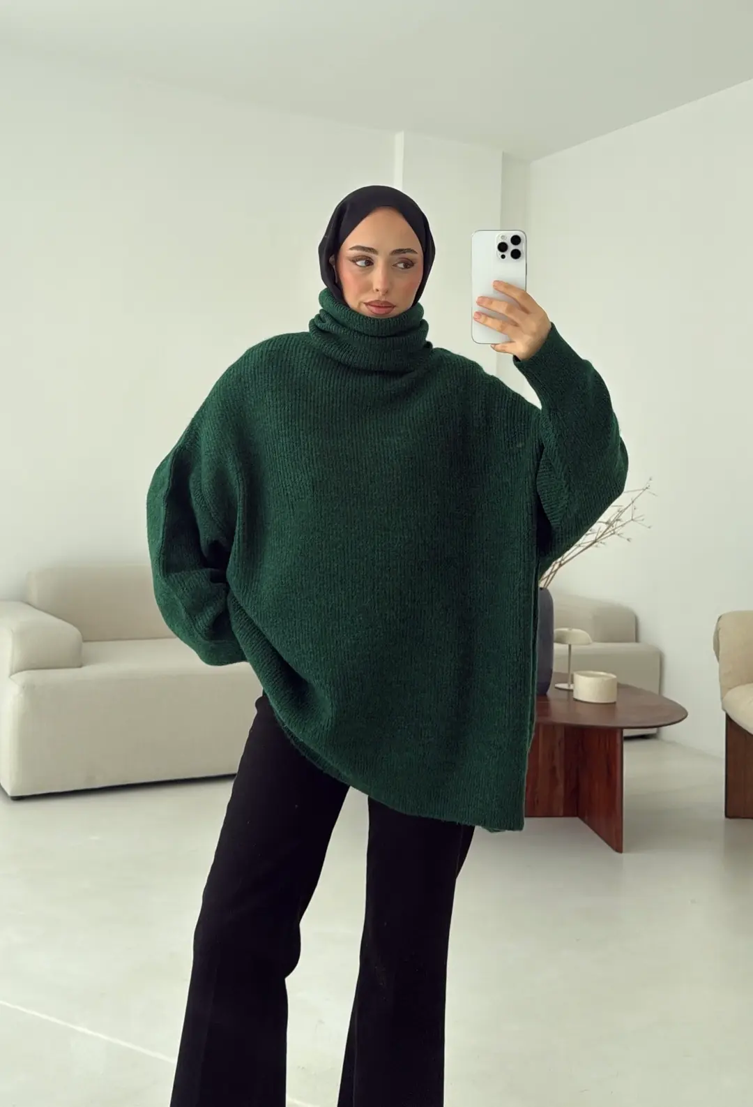 Balıkçı Yaka Oversizse Triko Kazak Yeşil - Görsel 2