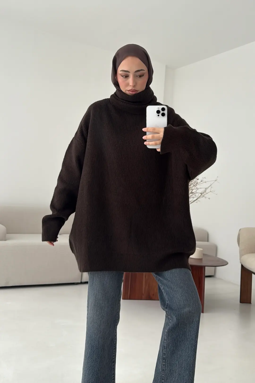 Balıkçı Yaka Oversizse Triko Kazak Kahve - Görsel 2