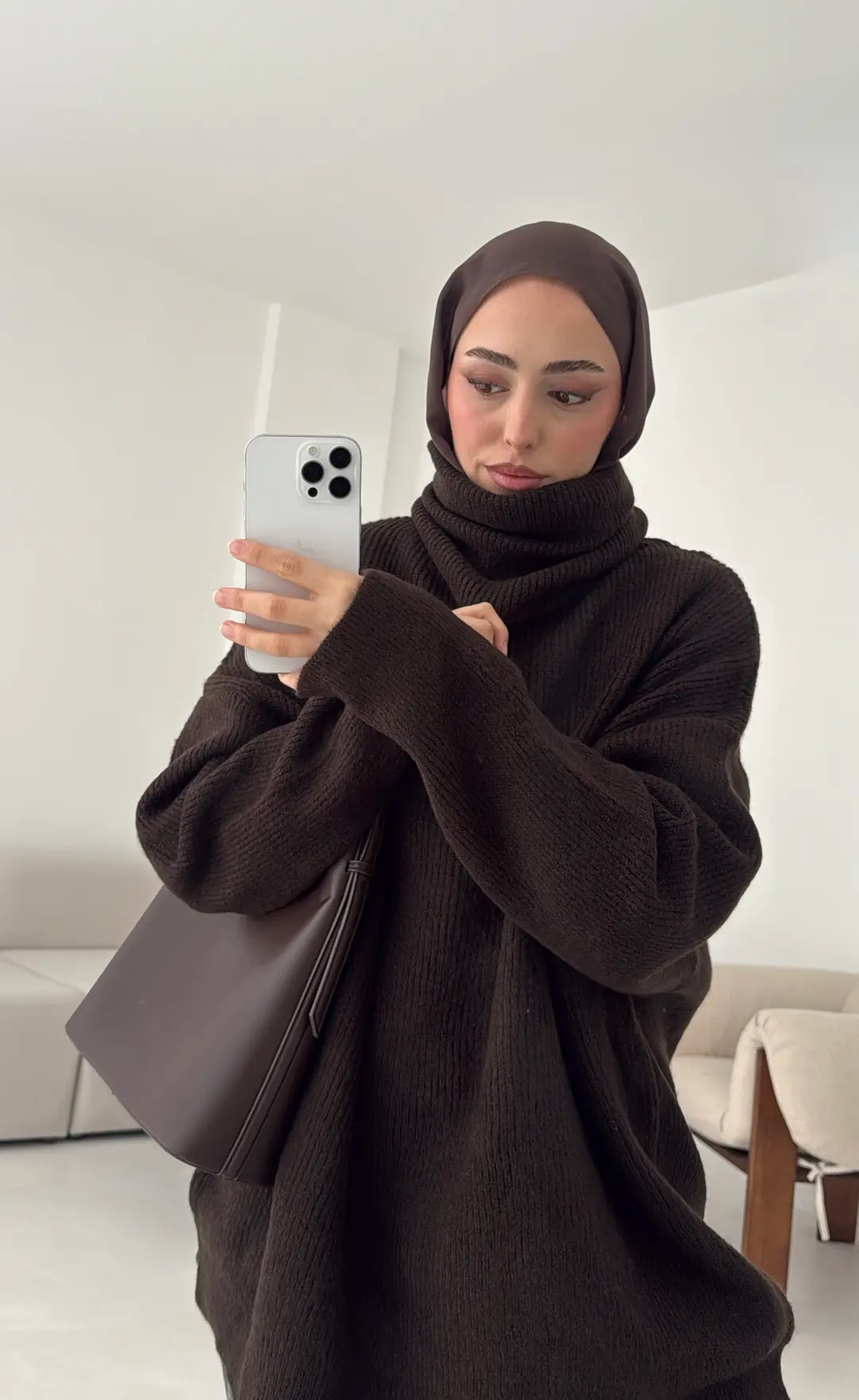 Balıkçı Yaka Oversizse Triko Kazak Kahve - Görsel 4