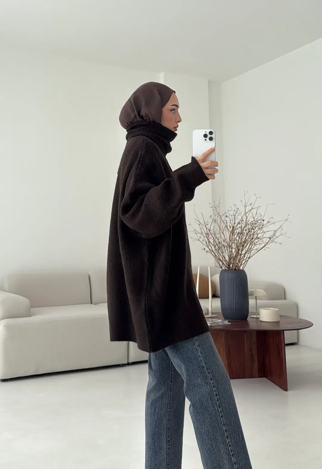 Balıkçı Yaka Oversizse Triko Kazak Kahve - Görsel 5