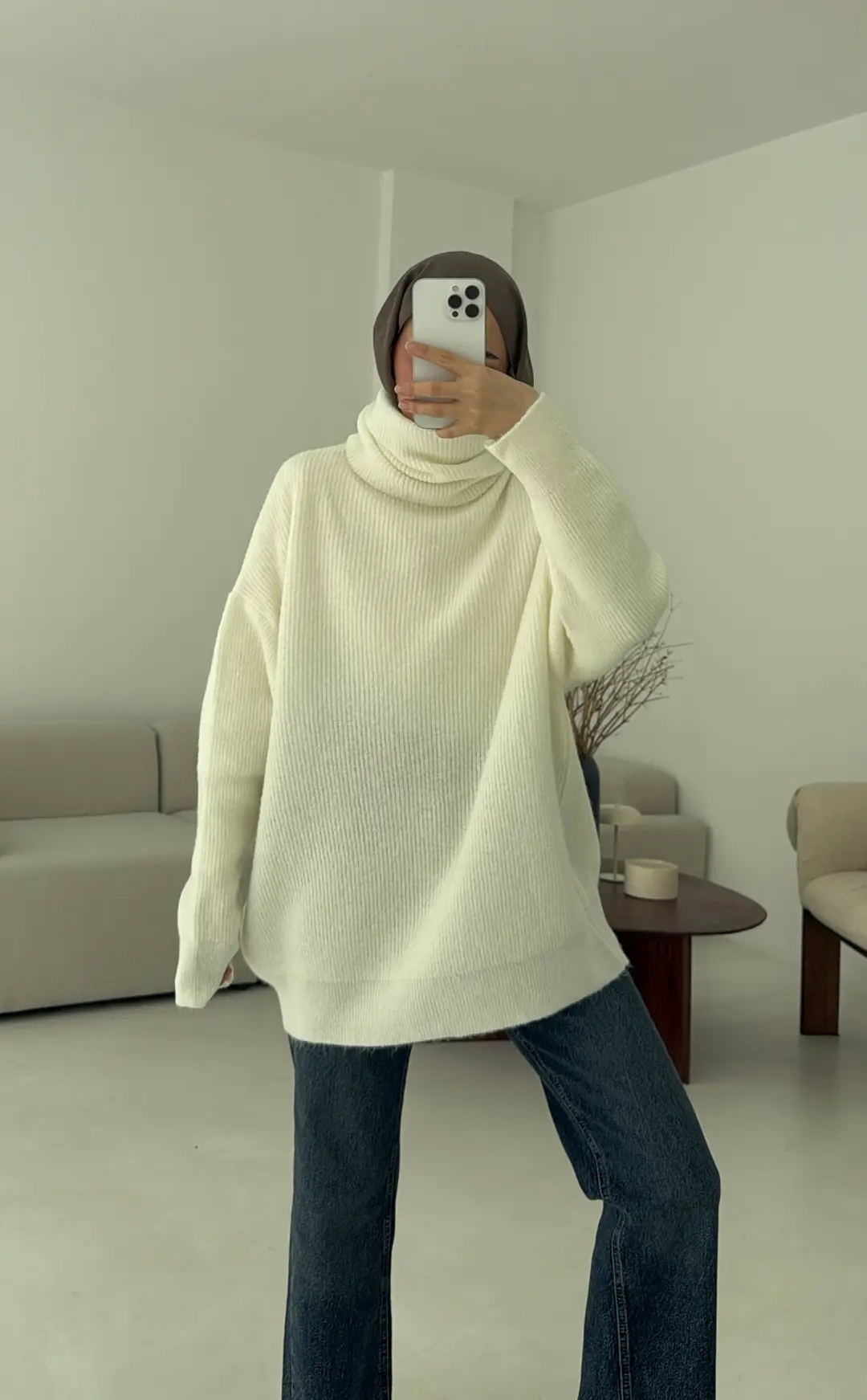 Balıkçı Yaka Oversizse Triko Kazak Beyaz - Görsel 2