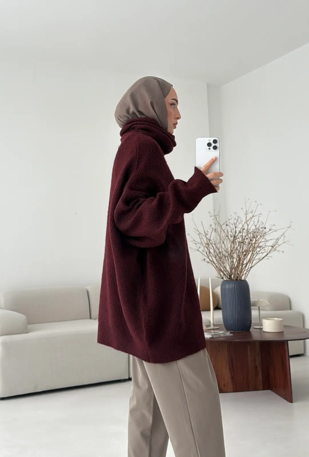 Balıkçı Yaka Oversizse Triko Kazak Bordo - Görsel 3