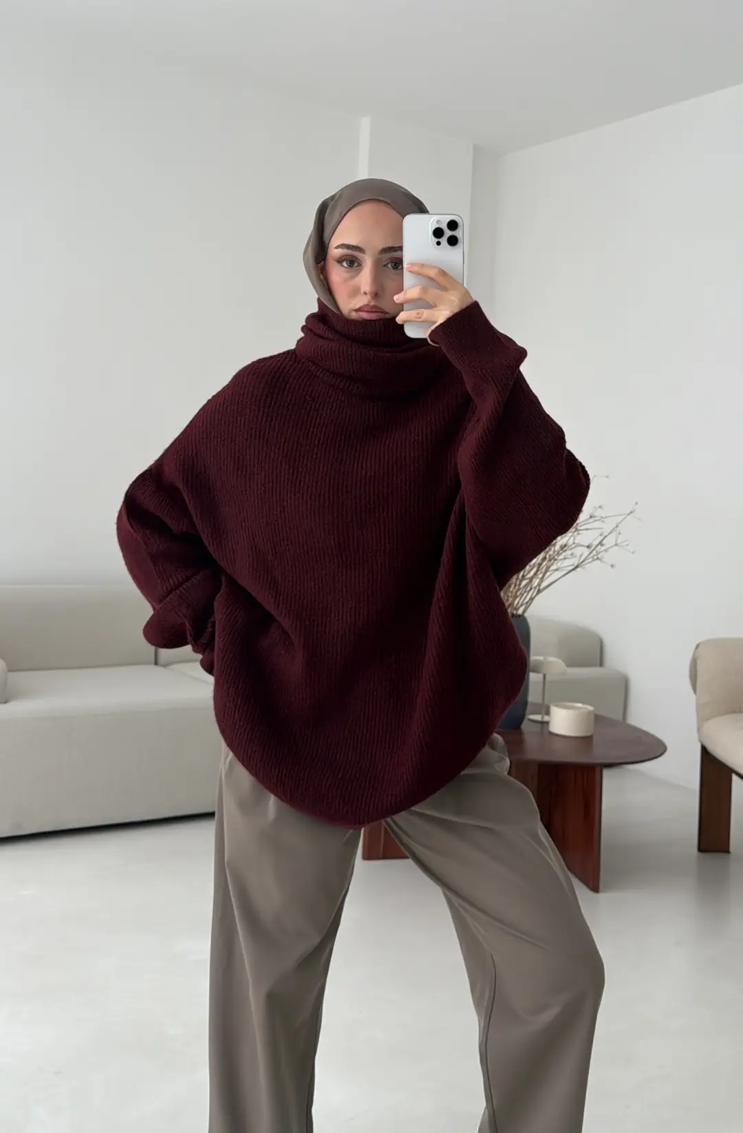 Balıkçı Yaka Oversizse Triko Kazak Bordo - Görsel 4