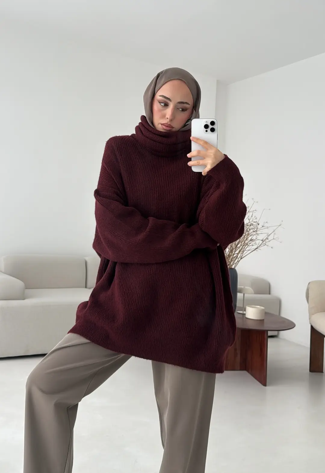 Balıkçı Yaka Oversizse Triko Kazak Bordo - Görsel 6