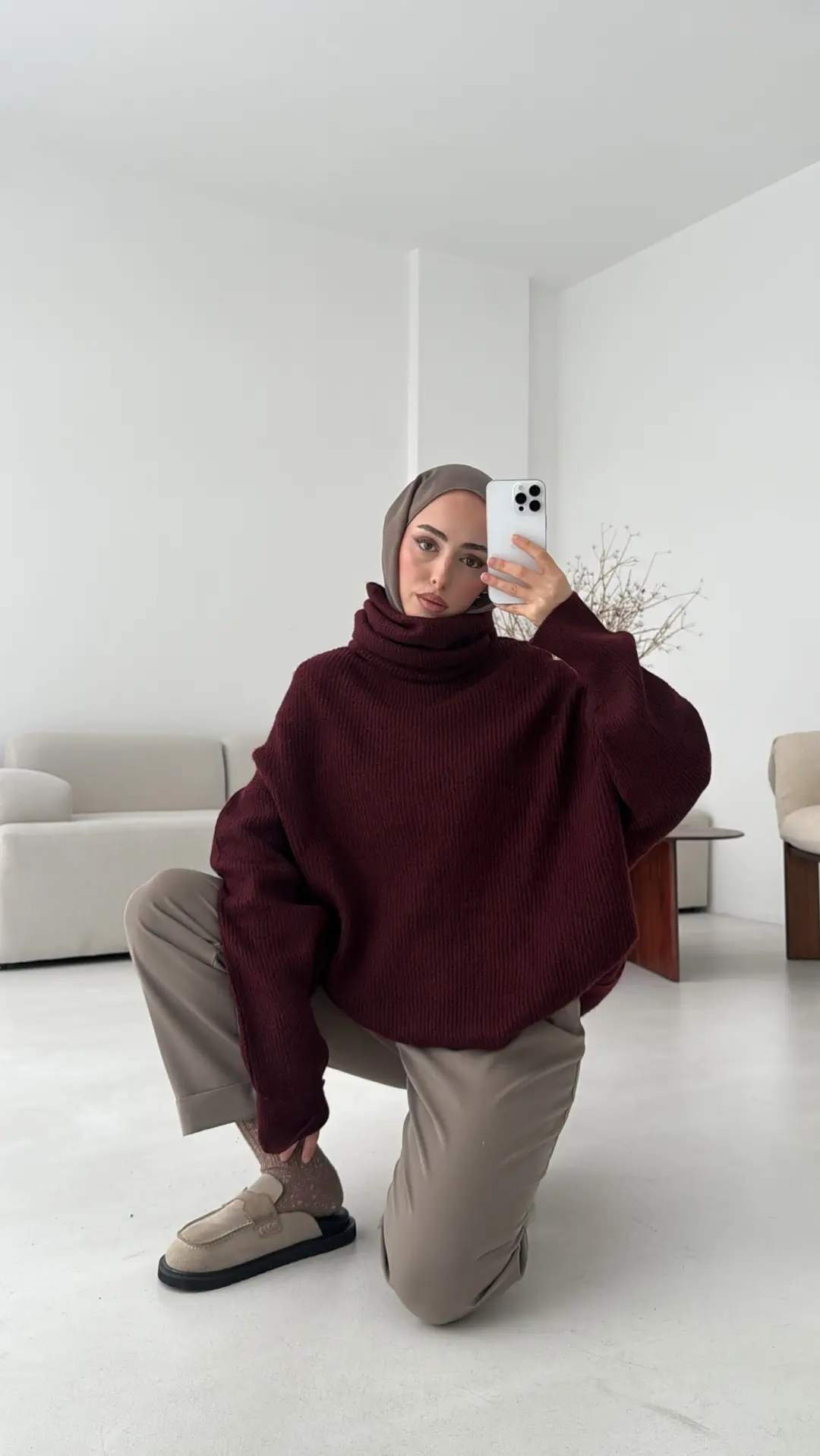 Balıkçı Yaka Oversizse Triko Kazak Bordo - Görsel 7