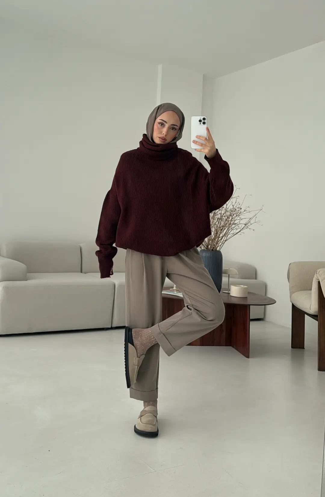 Balıkçı Yaka Oversizse Triko Kazak Bordo - Görsel 8