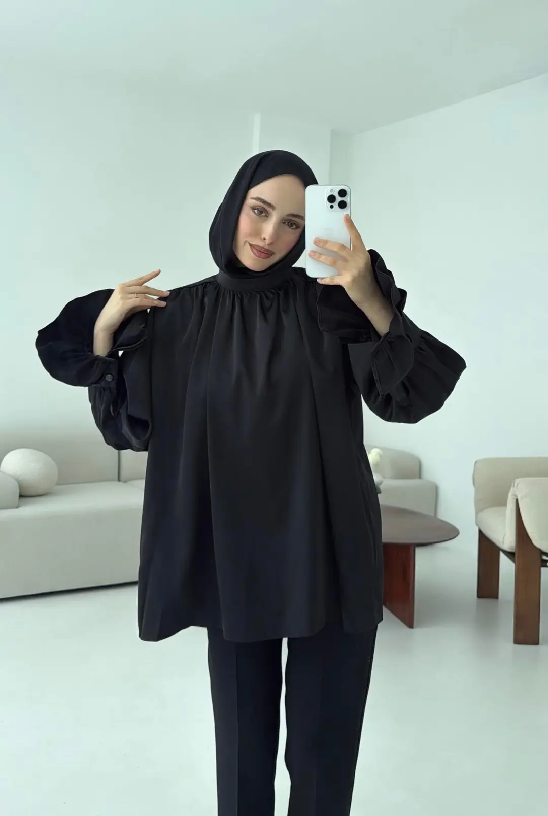 Balon Kol Saten Gömlek Siyah - Görsel 2