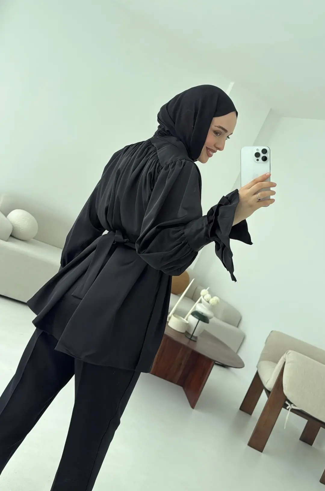 Balon Kol Saten Gömlek Siyah - Görsel 6