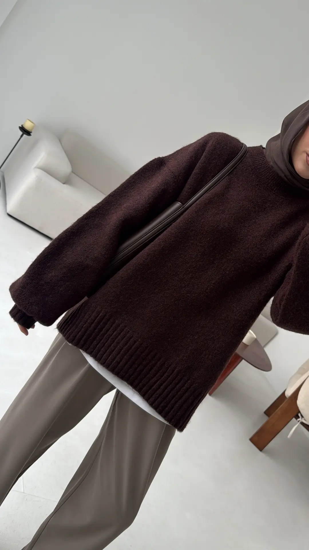 Balon Kol Yumuşak Kazak Kahve - Görsel 10