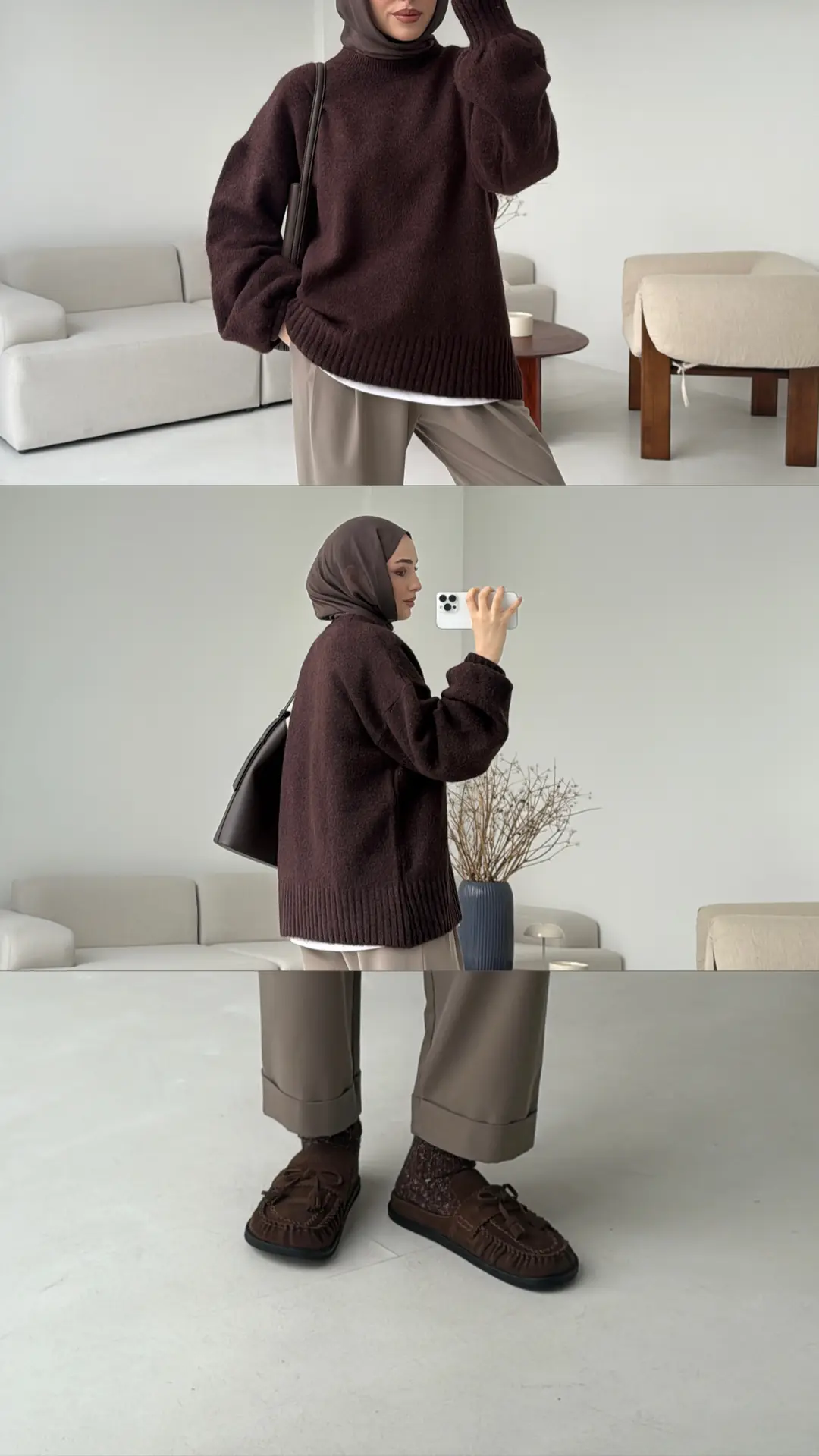 Balon Kol Yumuşak Kazak Kahve - Görsel 3