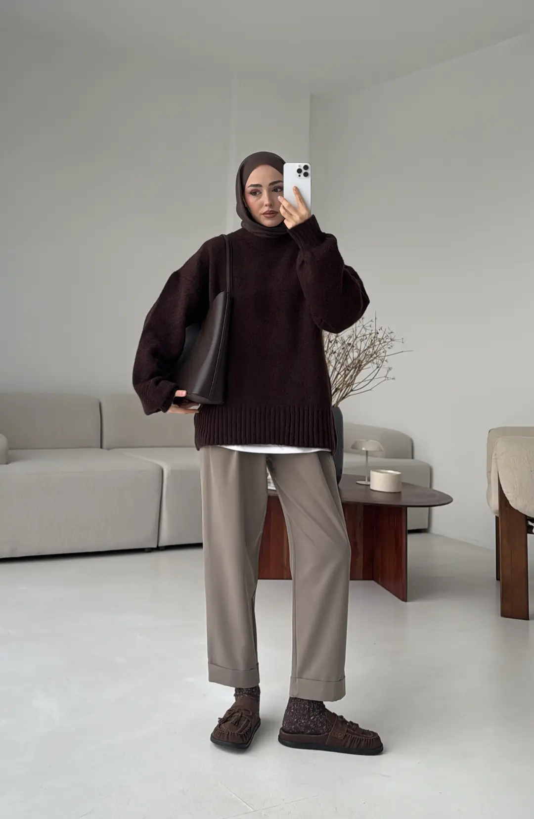 Balon Kol Yumuşak Kazak Kahve - Görsel 8