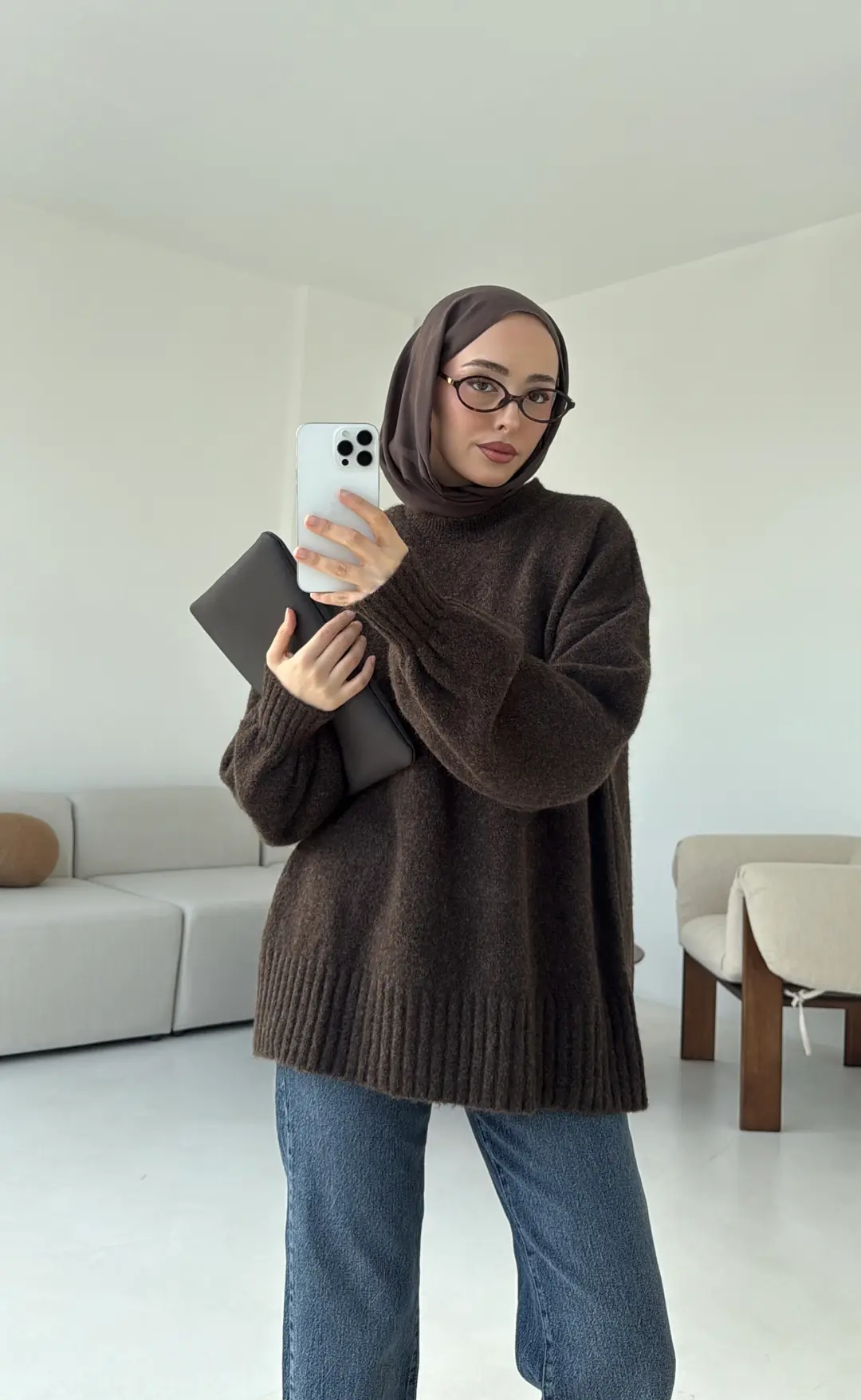 Balon Kol Yumuşak Kazak Kahve