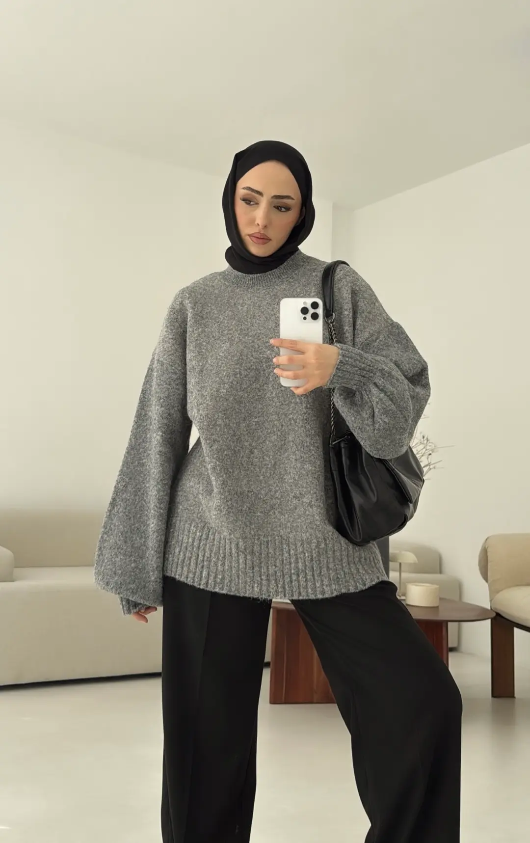 Balon Kol Yumuşak Kazak Gri