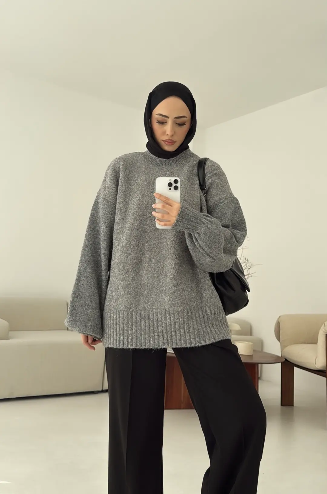 Balon Kol Yumuşak Kazak Gri - Görsel 7