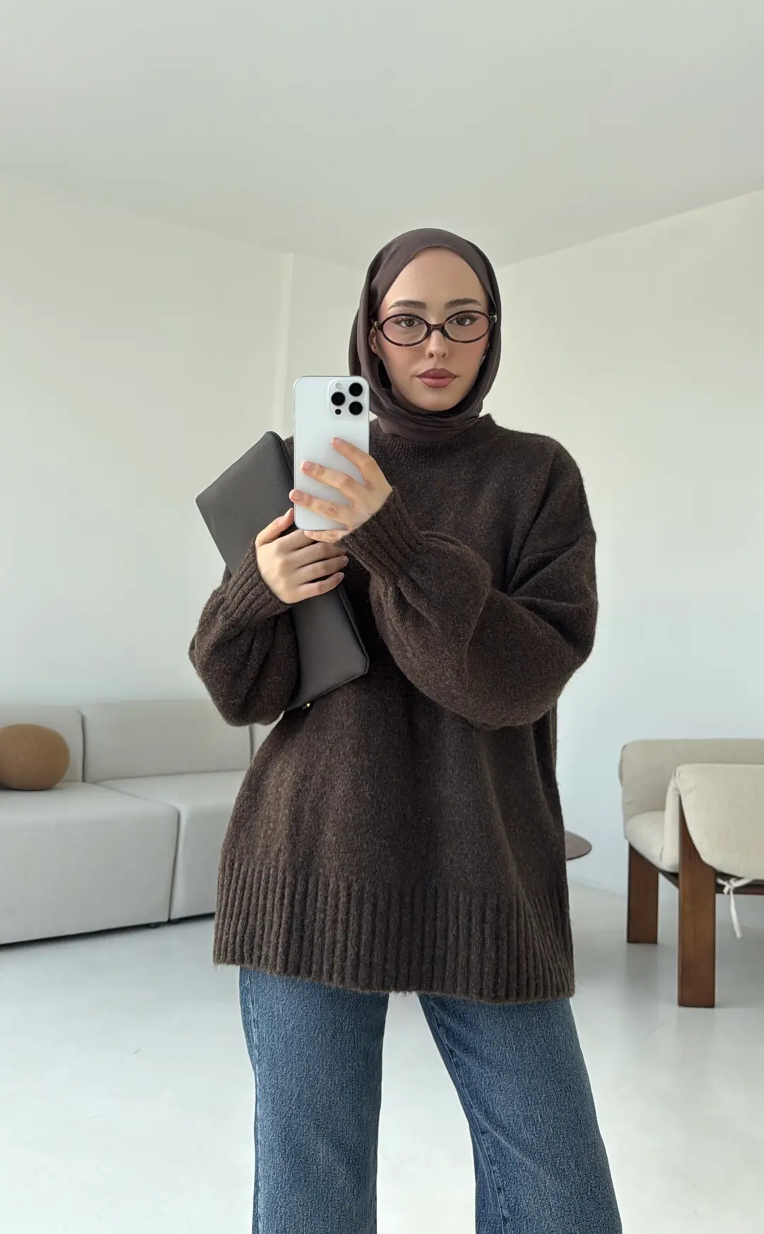 Balon Kol Yumuşak Kazak Kahve - Görsel 4