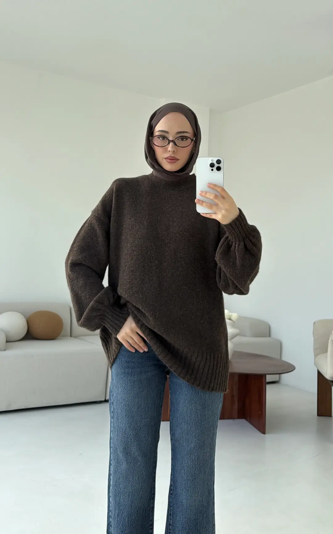 Balon Kol Yumuşak Kazak Kahve - Görsel 6