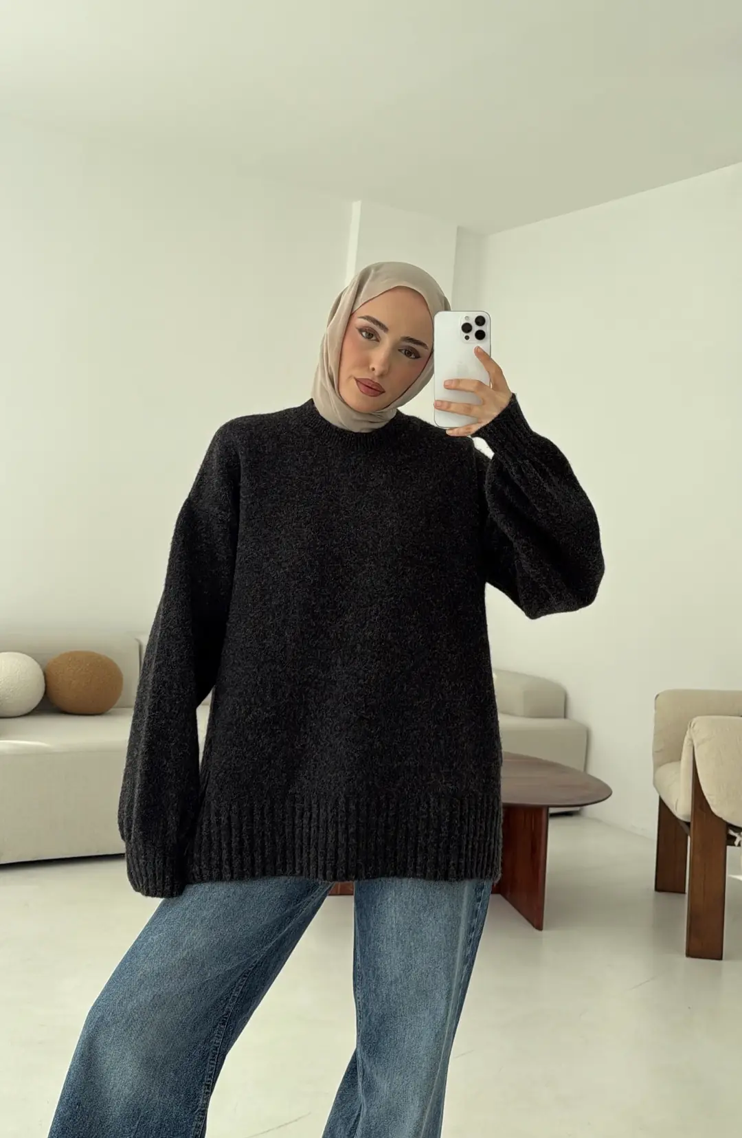 Balon Kol Yumuşak Kazak Koyu Gri