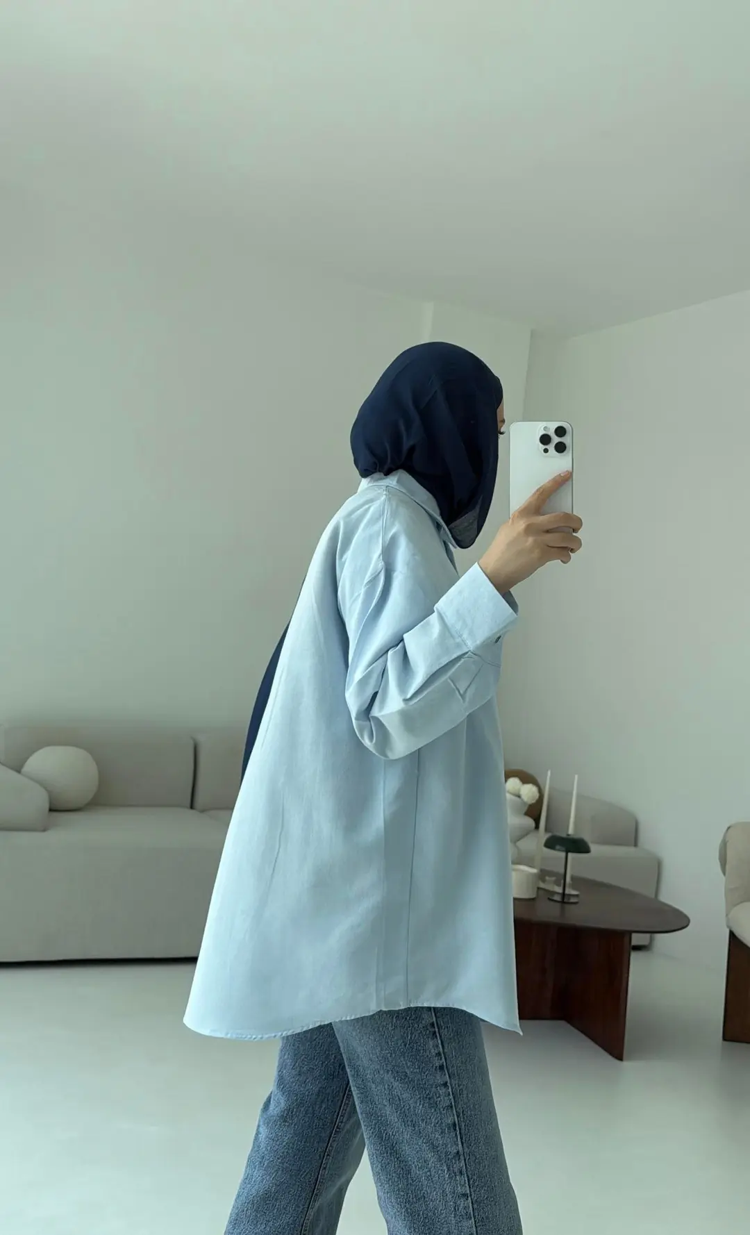 Basic Oversize  Keten Gömlek Mavi - Görsel 2